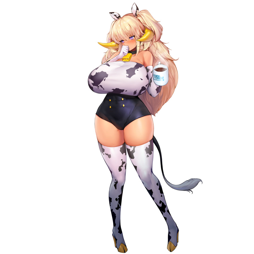 1girl animal_ears animal_print blonde_hair blush boots breasts chocolate_milk cleavage covered_erect_nipples cow_ears cow_girl cow_print cow_tail cup dark_elf dark_elven_forest_ranger elbow_gloves elf english_text full_body game_cg gloves gyaru hair_between_eyes highres horns huge_breasts kogal last_origin long_hair mug mug_writing navel official_art one-piece_swimsuit pointy_ears purple_eyes snowball22 solo swimsuit tachi-e tail thick_thighs thigh_boots thighhighs thighs transparent_background two_side_up white_thighhighs wide_hips