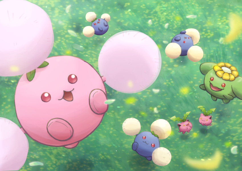 :3 :d absurdres alternate_color closed_mouth commentary_request evolutionary_line floating flower gen_2_pokemon highres hoppip jumpluff nintendo no_humans official_alternate_color open_mouth petals pokemon pokemon_(creature) pokemon_focus red_eyes shiny_and_normal shiny_pokemon skiploom smile sumikkonoikoi yellow_eyes yellow_flower