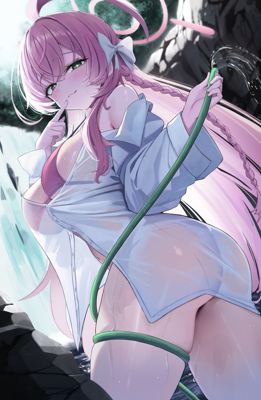 absurdres bikini bikini_under_clothes blue_archive halo hanako_(blue_archive) hanako_(swimsuit)_(blue_archive) highres holding holding_hose hose hwa_sawa official_alternate_costume oversized_clothes oversized_shirt pink_bikini pink_hair pink_halo see-through_clothes see-through_shirt shirt swimsuit wet wet_clothes wet_shirt
