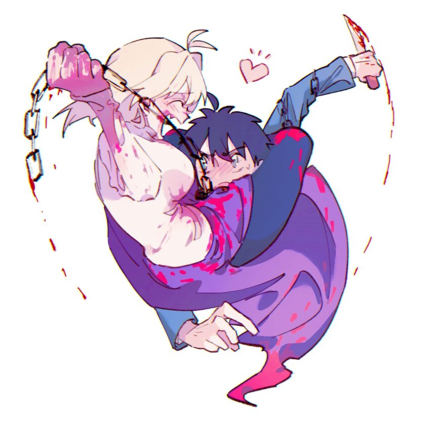 1boy 1girl ahoge arcueid_brunestud battle between_thighs black_hair black_pantyhose blonde_hair blood blood_on_clothes blood_on_face blood_on_hands blue_eyes blush chain fang head_between_thighs heart highres holding holding_chain holding_knife knife leg_lock looking_at_another nanatsu-yoru numuhe pantyhose purple_skirt red_arcueid school_uniform short_hair simple_background skirt smile sweatdrop thighs tohno_shiki trapped tsukihime tsukihime_(remake)