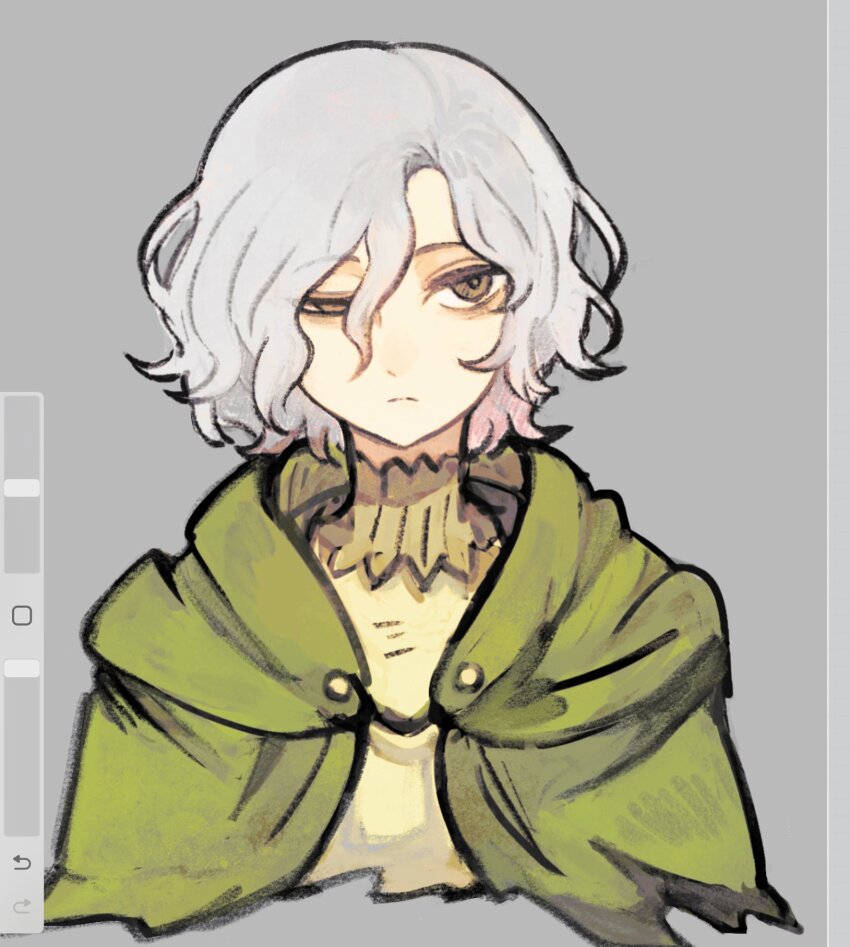 1boy art_program_in_frame bags_under_eyes brown_eyes cloak cropped_torso dungeon_meshi elf gorget green_cloak green_shirt grey_background grey_hair highres hood hooded_cloak juneliu927 lazy_eye looking_to_the_side male_focus mithrun notched_ear pointy_ears shirt short_hair simple_background solo uneven_eyes wavy_hair
