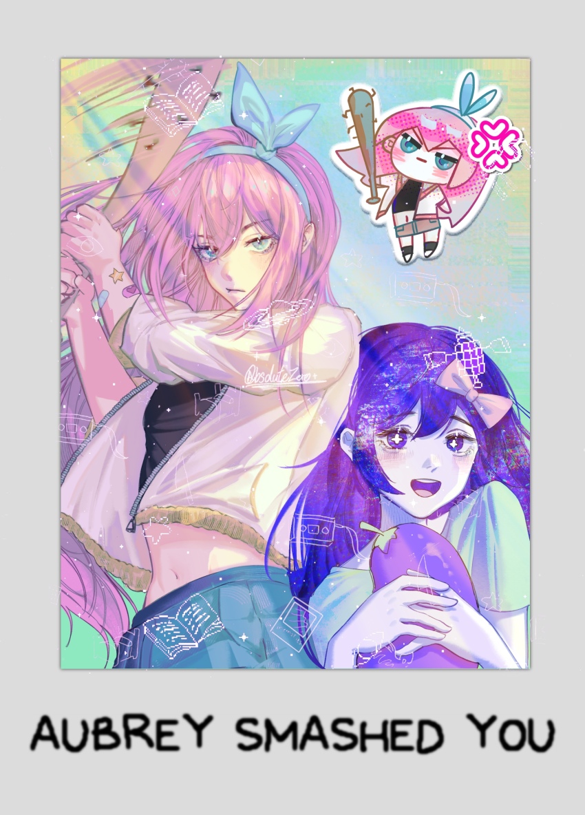 2girls :d absolutezer0_0 absurdres aegyo_sal aqua_background aubrey_(faraway)_(omori) aubrey_(headspace)_(omori) aubrey_(omori) back-to-back bandaid bandaid_on_arm baseball_bat black_shirt blue_eyes blue_hairband blue_skirt border bow bow_hairband bright_pupils character_name chibi chibi_inset chinese_commentary closed_mouth colored_skin commentary crop_top cropped_shirt denim denim_skirt double-parted_bangs dual_persona english_commentary english_text flower-shaped_pupils gift_art grey_border hair_between_eyes hair_bow hairband halftone hands_up highres holding holding_stuffed_toy jacket light_particles long_hair looking_at_viewer midriff mixed-language_commentary mr._plantegg_(omori) multiple_girls nail_(hardware) nail_bat navel omori open_clothes open_jacket open_mouth outline own_hands_together pink_bow pink_hair pout purple_eyes purple_hair raised_eyebrows round_teeth shirt short_sleeves simple_background skirt smile sparkle star_(symbol) stuffed_eggplant stuffed_toy symbol-shaped_pupils teeth three-quarter_sleeves tongue upper_body upper_teeth_only v-shaped_eyebrows white_jacket white_outline white_pupils white_skin