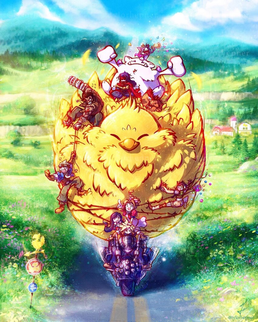 3girls 6+boys aerith_gainsborough arm_cannon barret_wallace beak cait_sith_(final_fantasy) cape chocobo cid_highwind cloud_strife confetti fat_chocobo final_fantasy final_fantasy_vii gatling_gun gloves goggles goggles_on_head highres indian_style looking_at_viewer materia megaphone moogle motor_vehicle motorcycle multiple_boys multiple_girls pointing red_xiii riding road road_sign rope sign sitting sleeping sweatdrop tifa_lockhart tylor_hepner vincent_valentine weapon yuffie_kisaragi