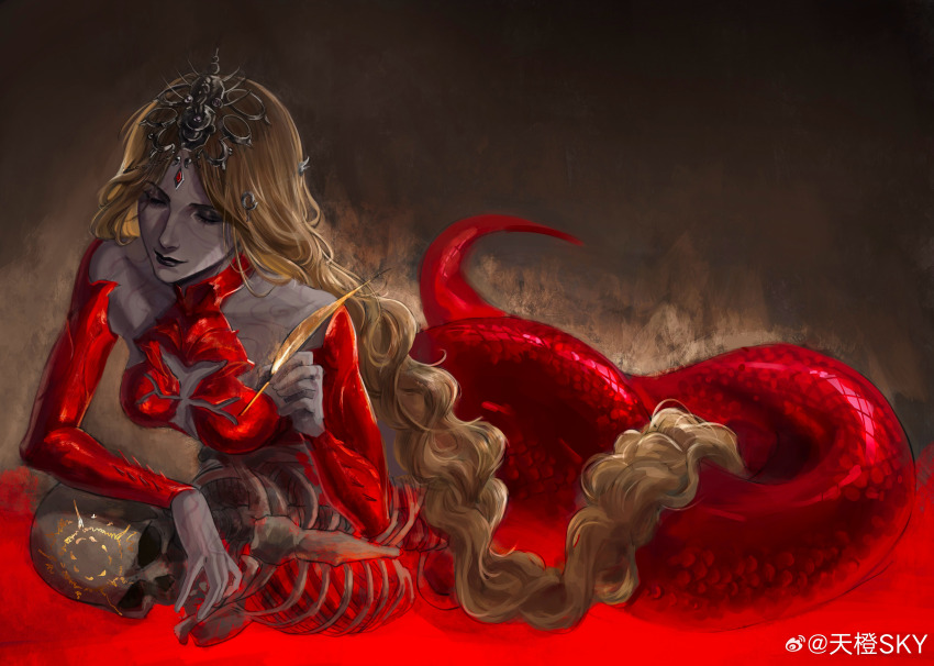 1girl absurdres alternate_form baldur&#039;s_gate baldur&#039;s_gate_3 black_eyeshadow black_lips blonde_hair bodysuit braid brown_background closed_eyes detached_sleeves dungeons_&amp;_dragons dungeons_&amp;_dragons eyeshadow full_body highres holding holding_quill lamia long_hair low-braided_long_hair low-tied_long_hair makeup monster_girl orin_the_red quill realistic red_bodysuit scales single_braid skeleton skyorange solo watermark weibo_watermark