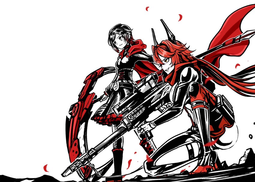 2girls between_breasts black_gloves black_hair boots breasts cape cartridge cleavage cloak clothing_cutout color_connection corset crescent_rose crossover crotch_plate double-parted_bangs fingerless_gloves flower-shaped_hair gloves goddess_of_victory:_nikke gradient_hair grey_eyes hair_between_eyes head-mounted_display highres hip_vent hood hooded_cloak horns jacket latex_bikini leather leather_jacket leather_pants leg_cutout long_hair long_sleeves mechanical_horns multicolored_hair multiple_girls pants pantyhose petals red_cape red_hair red_hood_(nikke) red_scarf rose_petals ruby_rose rwby scarf scrapgentle scythe short_hair smile strap_between_breasts trait_connection unzipped very_long_hair visor_lift yellow_eyes