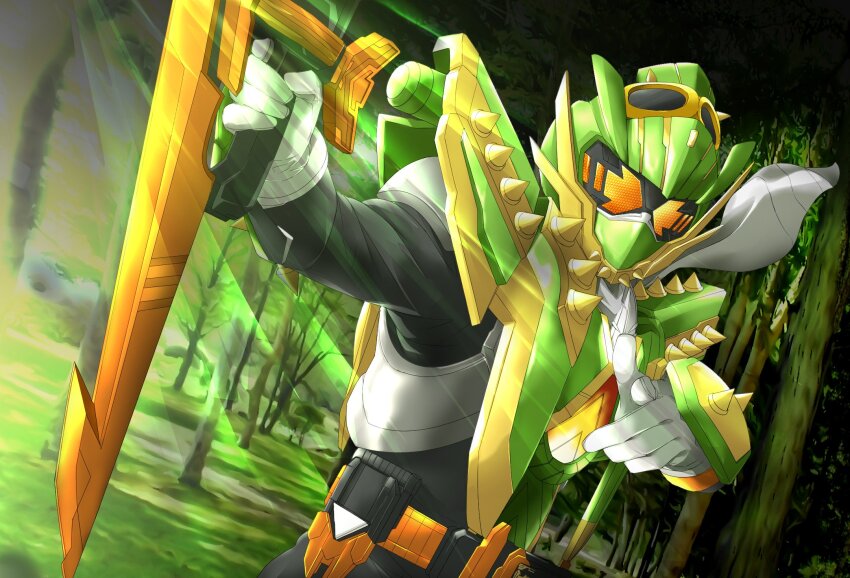 1boy aiming alternate_costume armor bird black_bodysuit bodysuit bow_(weapon) cactus compound_eyes rider_belt forest gloves goggles goggles_on_head gotcha_driver green_armor hawk highres kamen_rider kamen_rider_gotchard kamen_rider_gotchard_(series) male_focus miyabi_(037) nature needlehawk official_alternate_costume orange_eyes rider_belt scarf spiked_armor spikes tokusatsu tree vest weapon white_gloves white_scarf