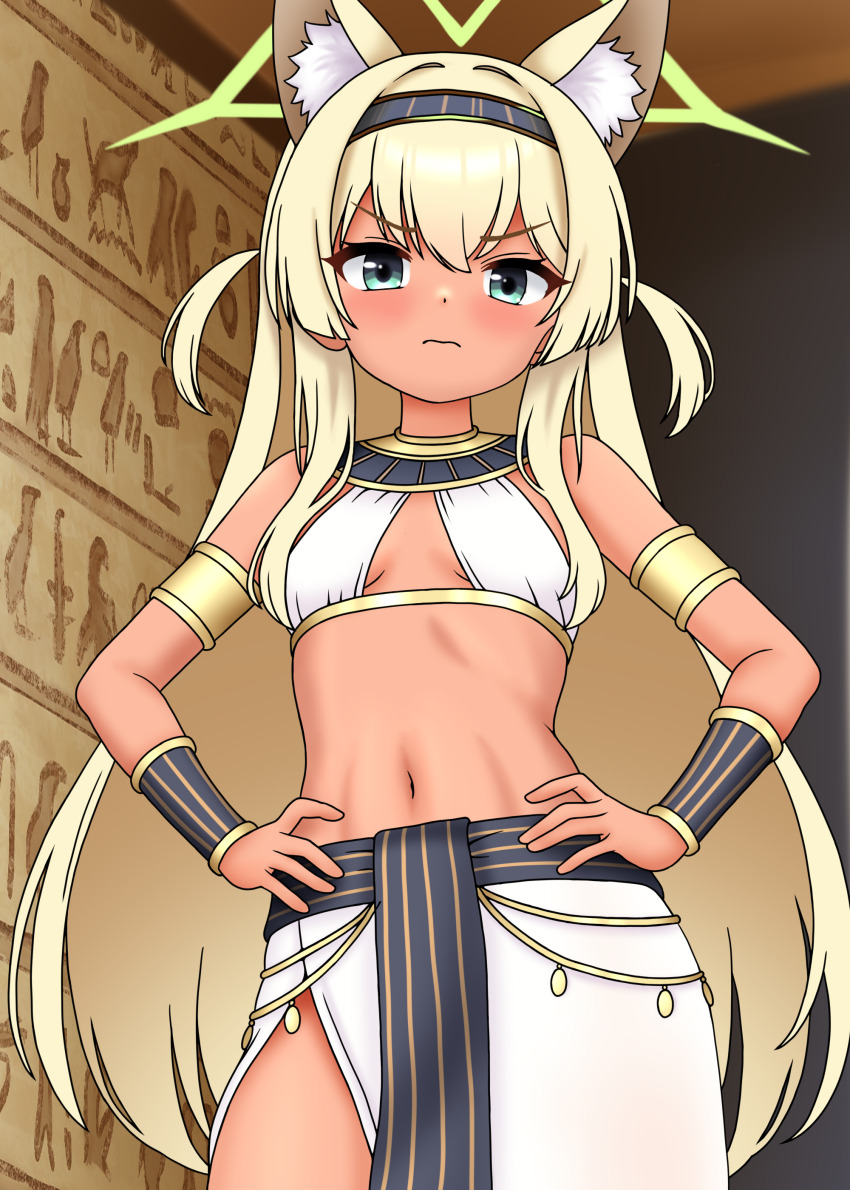 1girl 3: absurdres aikawa_nandesu alternate_costume alternate_skin_color ancient_egyptian animal_ear_fluff animal_ears aqua_eyes bare_shoulders black_hairband blonde_hair blue_archive blush bracelet breasts brown_egyptian_cat-eared_loli_(trend) closed_mouth commentary_request cowboy_shot dark-skinned_female dark_skin fox_ears fox_girl frown green_halo hair_between_eyes hairband halo hands_on_own_hips highres indoors jewelry kurumi_(blue_archive) long_hair looking_at_viewer navel sidelocks small_breasts solo stomach straight_hair two_side_up v-shaped_eyebrows very_long_hair