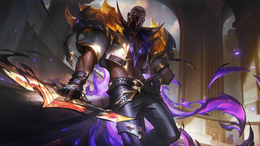 1boy abs black_gloves black_pants cropped_jacket dark-skinned_male dark_skin fingerless_gloves gloves glowing glowing_eyes grey_hair highres league_of_legends looking_at_viewer male_focus mask mouth_mask muscular muscular_male navel official_art pants pyke_(league_of_legends) short_hair shoulder_plates soul_fighter_pyke standing stomach weapon