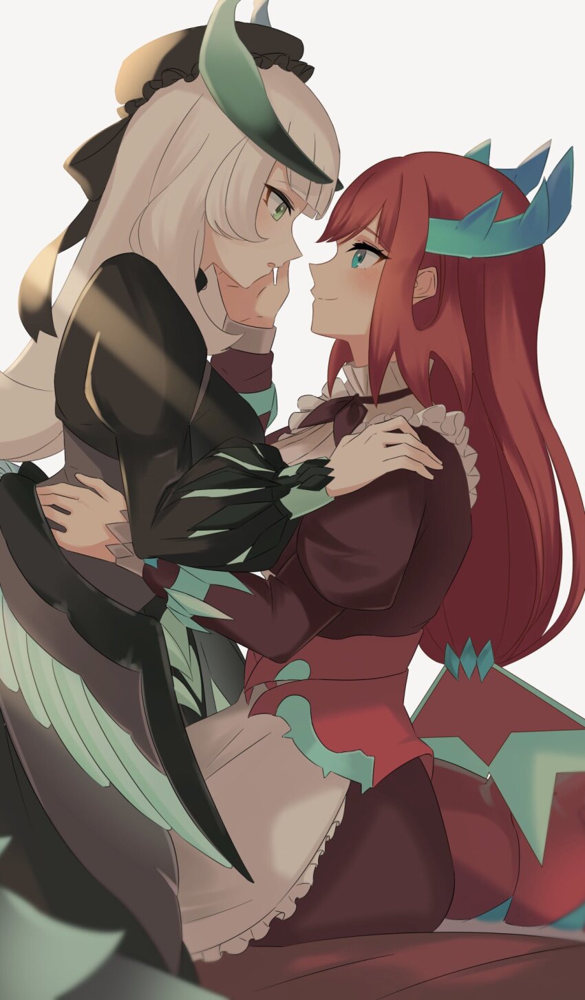2girls apron blue_eyes blush breasts buttons chamber_dragonmaid closed_mouth dragon_girl dragon_horns dragon_tail dragon_wings dragonmaid_(yu-gi-oh!) duel_monster feathered_wings frilled_apron frills green_eyes hand_on_another&#039;s_cheek hand_on_another&#039;s_face hand_on_another&#039;s_hip hand_on_another&#039;s_shoulder heichi highres horns kitchen_dragonmaid large_breasts long_hair long_sleeves looking_at_another maid maid_headdress multiple_girls open_mouth puffy_long_sleeves puffy_sleeves red_hair simple_background smile tail white_background white_hair wings yu-gi-oh! yuri