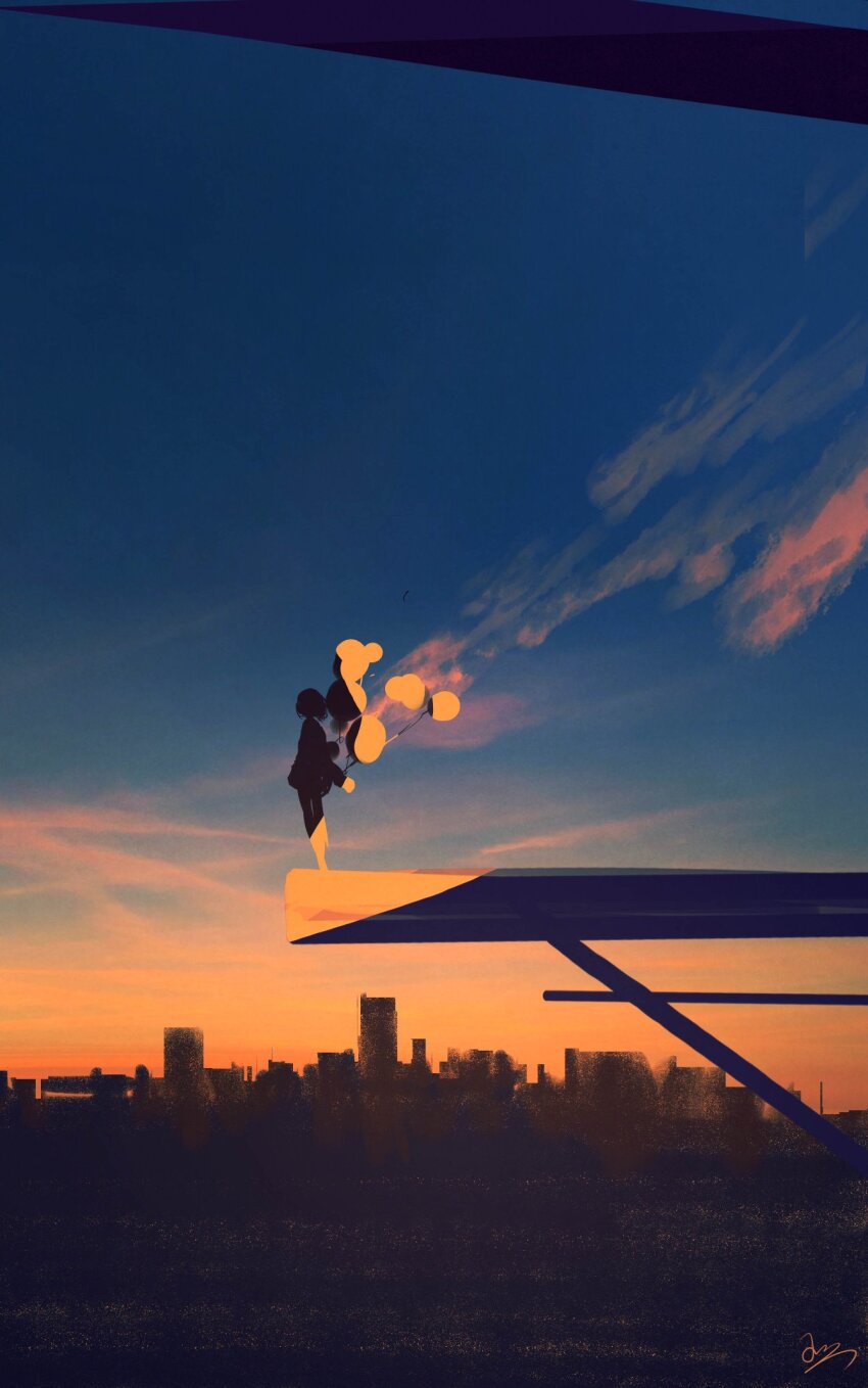 1girl balloon blue_sky city cloud evening facing_away from_behind gradient_sky highres holding holding_balloon holding_behind_back huashijw jacket legs_together long_sleeves orange_sky original outdoors scenery short_hair signature silhouette sky skyline solo standing steel_beam very_wide_shot