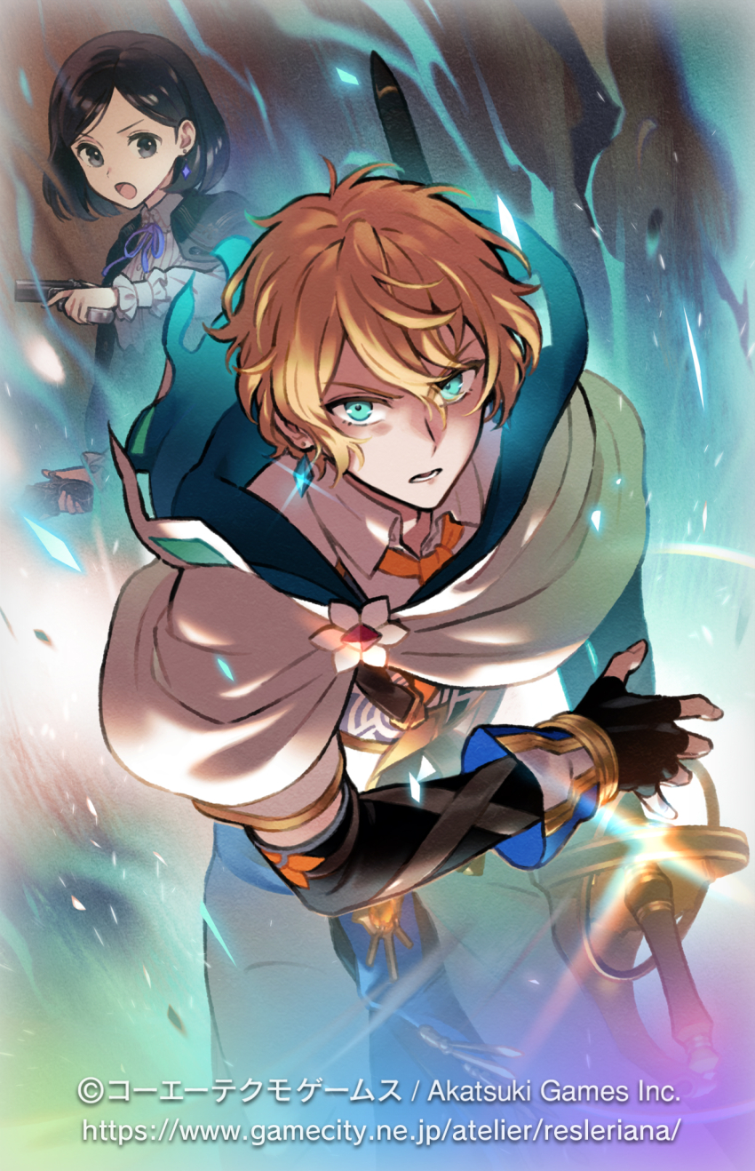 1boy 1girl atelier_(series) atelier_ayesha atelier_resleriana black_eyes black_gloves black_hair blonde_hair blue_eyes cape collared_shirt commentary_request copyright_notice drawing_sword earrings fingerless_gloves flower funuyu furrowed_brow glaring gloves glowing glowing_eyes hair_between_eyes highres holding holding_sword holding_weapon hood hood_down jewelry looking_at_another looking_at_viewer marion_quinn official_art open_mouth roman_kalman serious shirt short_hair sparkle standing sword watermark weapon web_address white_cape white_flower white_shirt
