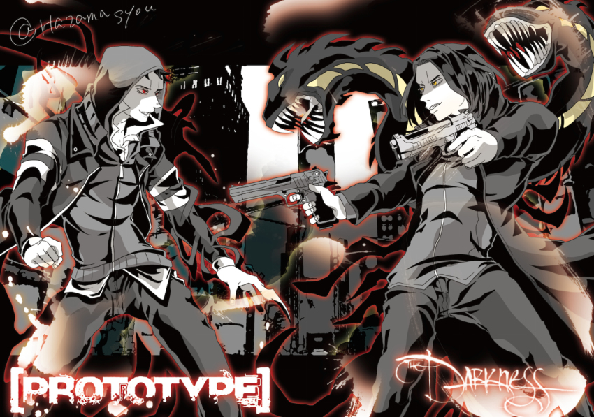 2boys alex_mercer black_hair blacklight_(prototype) building claws coat crossover demon dual_wielding gun handgun holding hood hoodie jackie_estacado long_hair male_focus monster multiple_boys prototype_(game) prototype_design red_eyes shapeshifter the_darkness vest weapon yellow_eyes