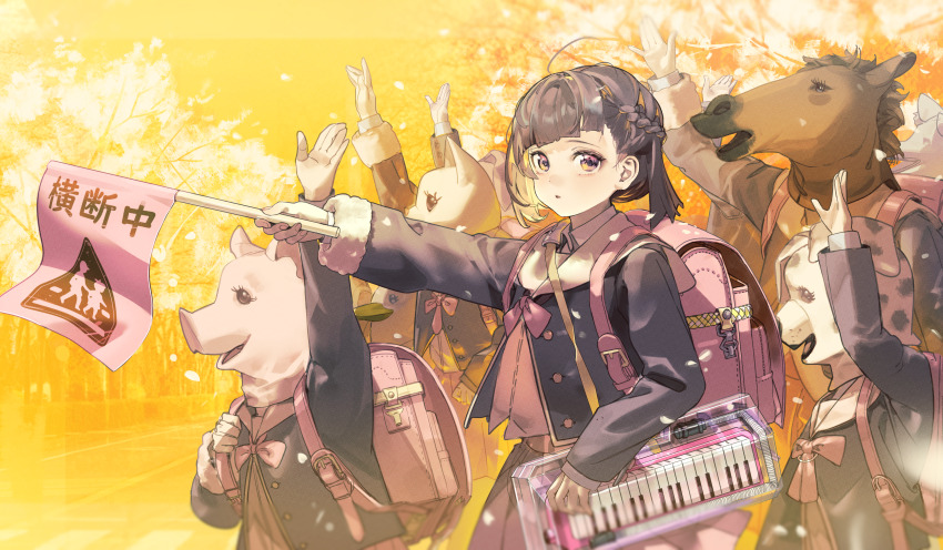 1girl 4others absurdres animal_head backpack bag blue_jacket blush bow bowtie braid brown_hair collared_shirt cowboy_shot crosswalk crowd flag from_side highres holding holding_flag horse_head instrument jacket keyboard_(instrument) long_bangs long_sleeves looking_at_viewer multiple_others nik_ibi original parted_lips pig_head pink_bow pink_bowtie pink_eyes pink_flag pink_skirt randoseru school_uniform shirt short_hair sidelocks skirt white_shirt