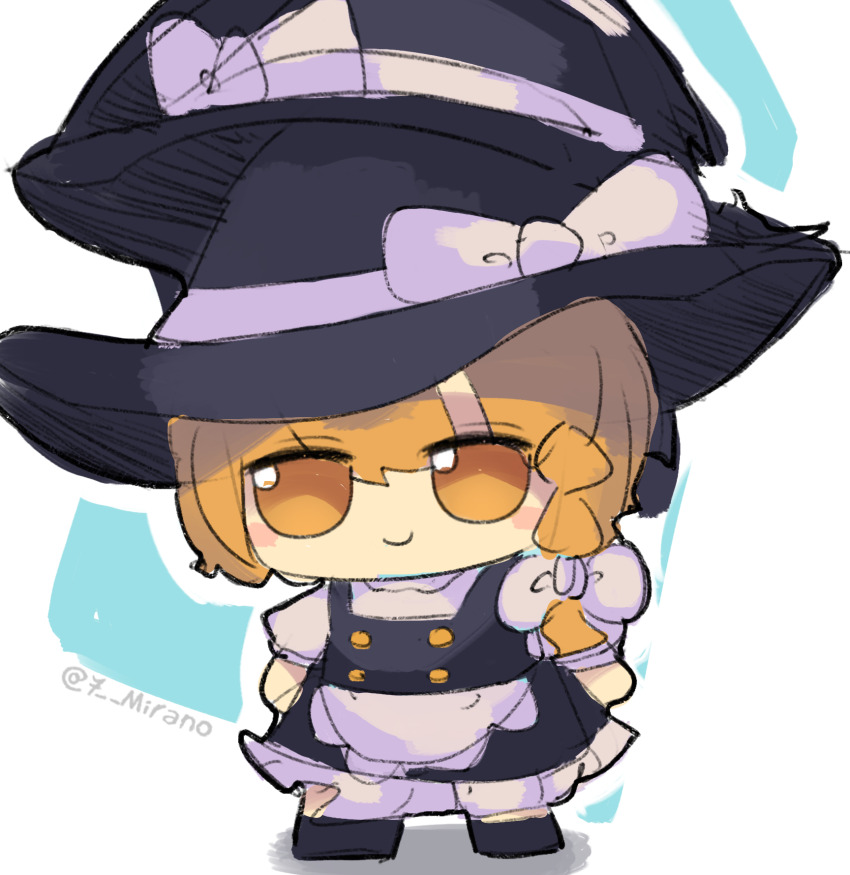 1girl 7-mirano apron blonde_hair bow braid broom fumo_(doll) hair_bow hair_tubes hat hat_bow highres kirisame_marisa multiple_girls side_braid single_braid solo touhou waist_apron white_bow witch_hat yellow_eyes