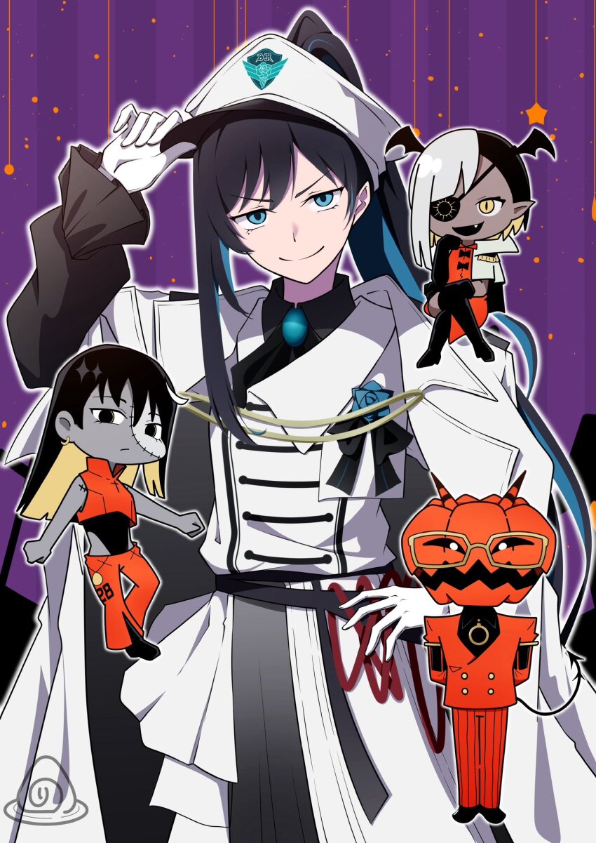 1other 3girls ado_(utaite) asymmetrical_hair black_bow black_bowtie black_footwear black_hair black_shirt blue_brooch blue_eyes blue_flower blue_hair blue_rose boots bow bowtie cape carpenter_(ado) chando_(ado) chibi colored_inner_hair cow crop_top demon_tail earrings eyepatch fang flower flower_brooch glasses gloves hand_on_own_hip highres invisible_chair jewelry long_hair looking_at_viewer lugosi_(ado) mole mole_under_eye multicolored_hair multiple_girls nori_(norinori_yrl) official_alternate_costume open_mouth outline ponytail pumpkin romero_(ado) rose shirt show_(ado) sitting smile standing tail thigh_boots vest watermark white_cape white_gloves white_hair white_outline white_vest yellow_eyes