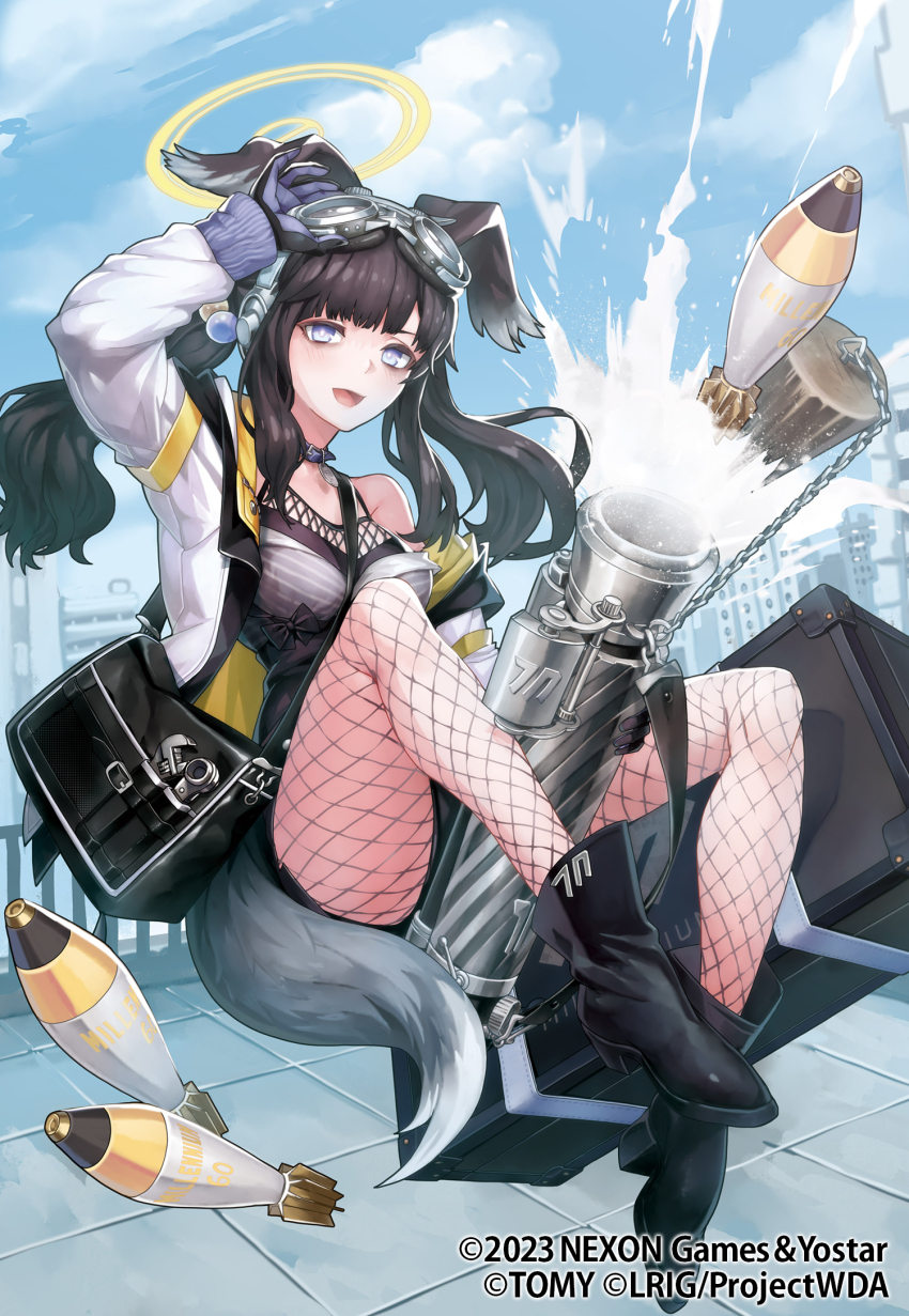 1girl ammunition animal_ears bag black_boots black_hair black_pantyhose blue_archive boots breasts cloud day dog_ears dog_girl dog_tail fishnet_pantyhose fishnets gloves goggles goggles_on_head hair_bobbles hair_ornament halo hibiki_(blue_archive) highres kousaku legs long_hair long_sleeves looking_at_viewer low_twintails medium_breasts mortar_(weapon) mortar_shell official_art open_mouth outdoors pantyhose purple_eyes shell sky solo tail twintails weapon wixoss wrench