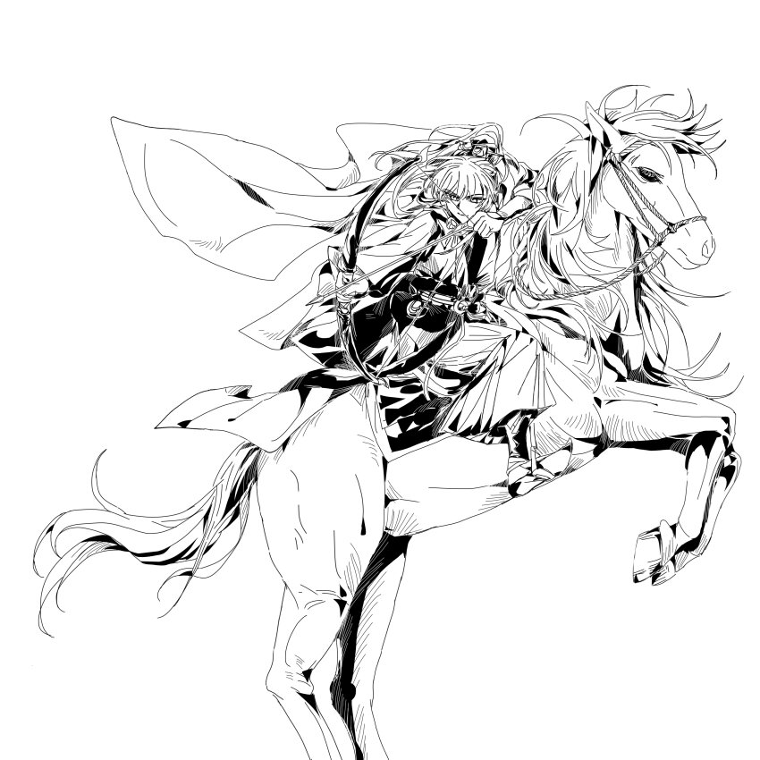 1boy absurdres aiming archer_(fate/samurai_remnant) archery arrow_(projectile) bow_(weapon) chinese_clothes chinese_hairpin drawing_bow fate/samurai_remnant fate_(series) fssm3392 full_body hair_ornament hanfu high_ponytail highres holding holding_arrow holding_bow_(weapon) holding_weapon horse horseback_archery horseback_riding long_hair male_focus monochrome ponytail rearing riding saddle simple_background solo stirrups_(riding) weapon white_background xiao_guan_(headdress)