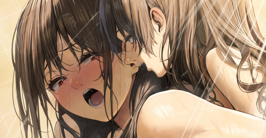 2girls :o blush brown_hair character_request commentary_request completely_nude copyright_request cropped izawa_(bhive003) long_hair multiple_girls nose nose_blush nude out-of-frame_censoring paid_reward_available water_drop yuri