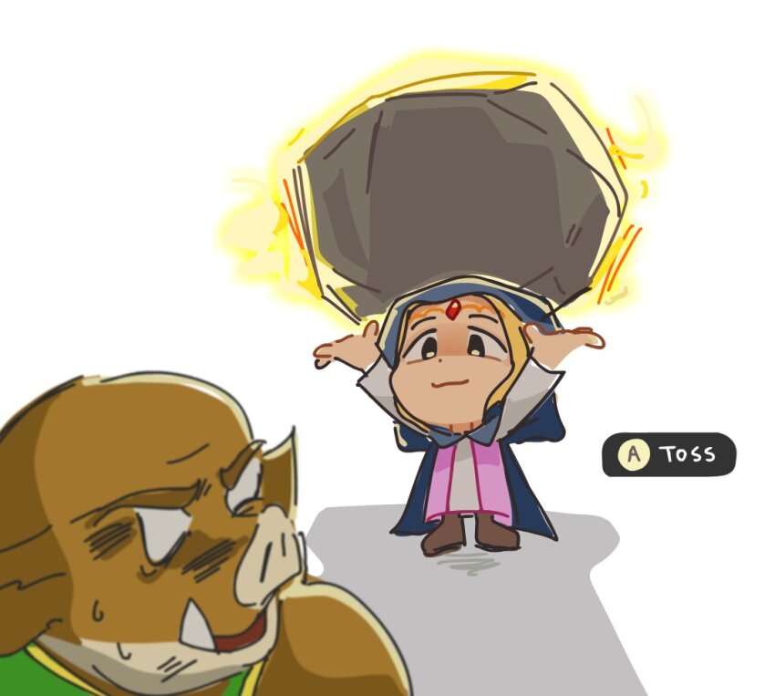 1girl arms_up black_eyes blonde_hair blue_cape cape chibi closed_mouth commentary dress english_commentary gameplay_mechanics hood hood_up hooded_cape moblin monster nintendo pink_dress pointy_ears princess_zelda rock shadow sharlene_yap simple_background smile sweat the_legend_of_zelda the_legend_of_zelda:_echoes_of_wisdom two-tone_dress white_background white_dress