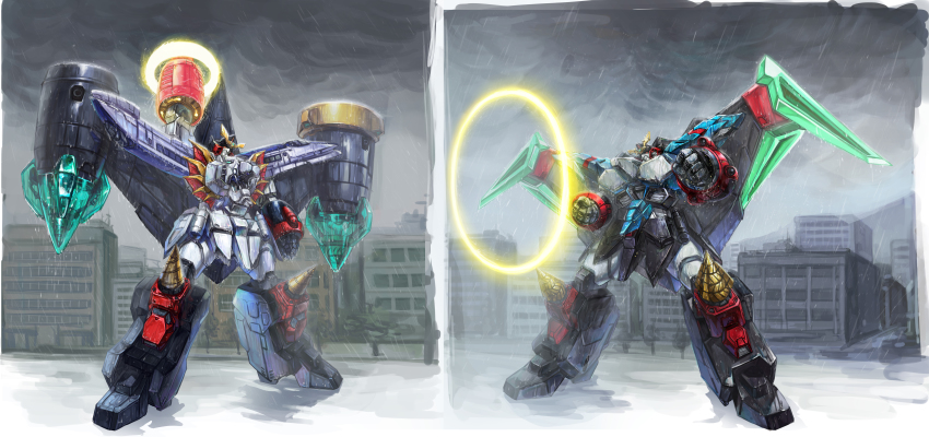 absurdres city clenched_hand cloud cloudy_sky drill gaofighgar greatwhite1122 head_tilt highres looking_ahead mecha mechanical_wings no_humans orange_eyes rain repli-star_gaogaigar resolution_mismatch robot science_fiction sky source_larger super_robot v-fin wings yuusha_ou_gaogaigar yuusha_ou_gaogaigar_final yuusha_series