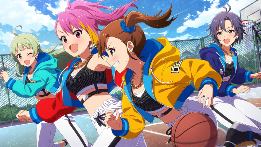 4girls artist_request ball basketball basketball_(object) basketball_hoop black_hair blonde_hair blue_eyes brown_hair bush cloud fence futami_mami game_cg green_hair hood hoodie idolmaster idolmaster_million_live! idolmaster_million_live!_theater_days jewelry kikuchi_makoto maihama_ayumu multicolored_hair multiple_girls necklace official_art open_mouth pants pink_eyes pink_hair playing_sports ponytail shimabara_elena side_ponytail