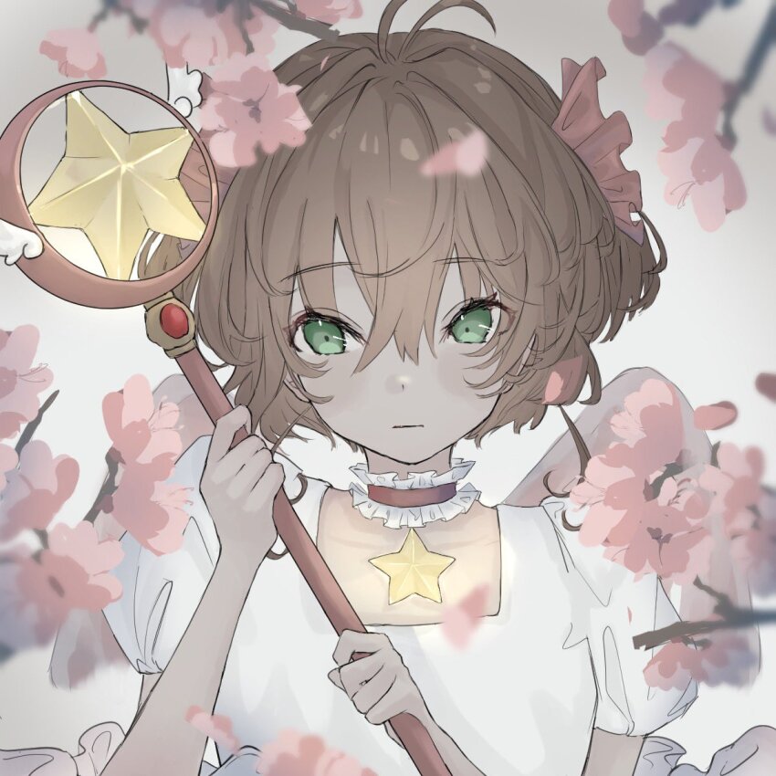 1girl antenna_hair cardcaptor_sakura choker closed_mouth dress green_eyes hair_ribbon highres holding holding_wand hoshi_no_tsue kinomoto_sakura kinomoto_sakura_(astral_sakura) looking_at_viewer magical_girl pink_ribbon puffy_short_sleeves puffy_sleeves ribbon short_sleeves solo star_(symbol) star_choker star_wand tomoja_rs upper_body wand white_dress wings
