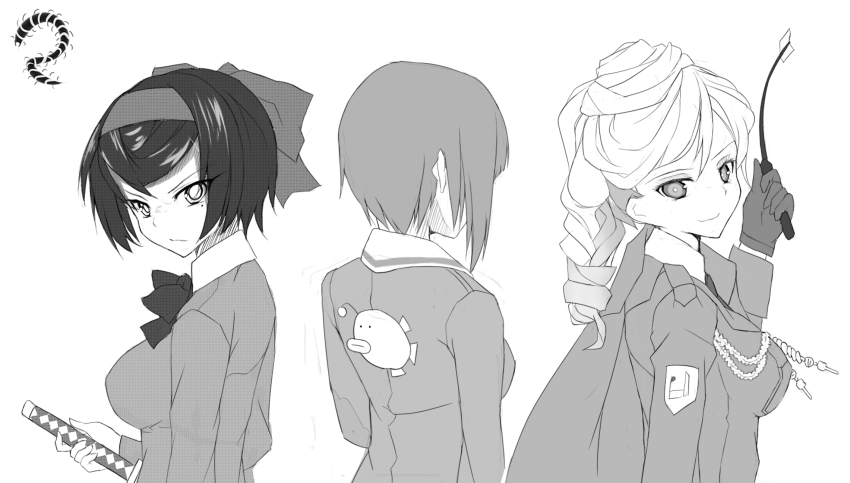 3girls back bonkiru bonple_military_uniform girls_und_panzer girls_und_panzer_ribbon_no_musha highres holding holding_sword holding_weapon jajka_(girls_und_panzer) katana monochrome multiple_girls nishizumi_miho ooarai_military_uniform ribbon scabbard school_uniform sheath sword tatenashi_high_school_uniform tsuruki_shizuka weapon whip