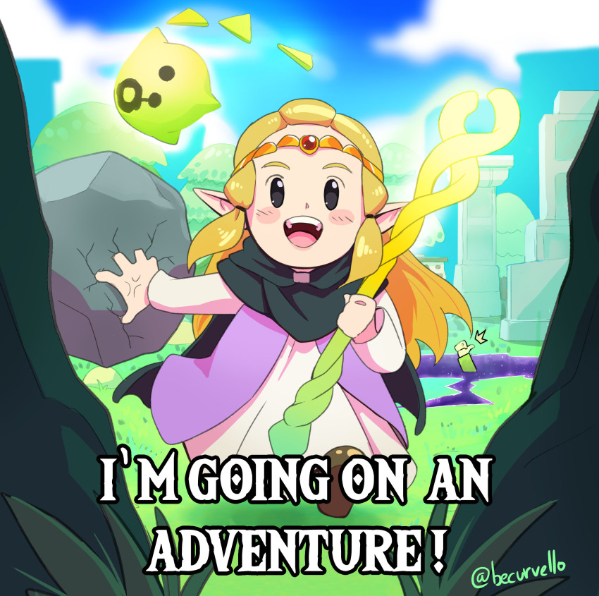 1boy 1girl absurdres black_cape blonde_hair cape circlet commentary dirty_ero dress english_commentary english_text gold_circlet hair_pulled_back highres holding holding_rock holding_staff link mage_staff nintendo open_mouth portal_(object) princess_zelda purple_tunic rock smile staff terminator_(series) terminator_2:_judgment_day the_hobbit the_legend_of_zelda the_legend_of_zelda:_echoes_of_wisdom thumbs_up tolkien&#039;s_legendarium tri_(zelda) tri_rod tunic veins white_dress