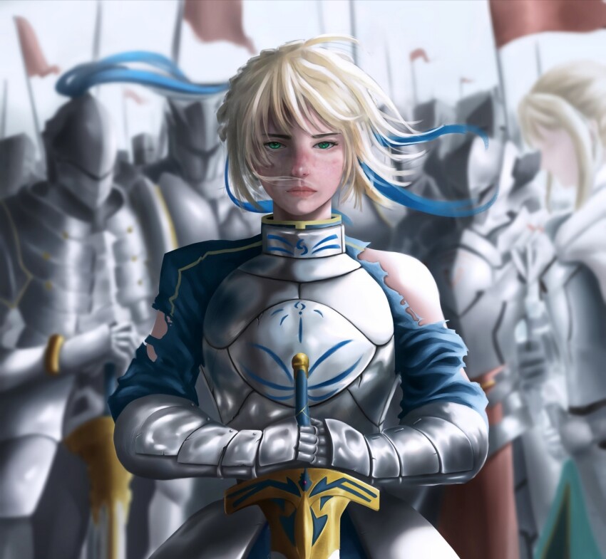 1girl absurdres artoria_pendragon_(fate) bbestkiki blonde_hair blue_ribbon fate/grand_order fate_(series) gauntlets green_eyes hair_ribbon highres long_hair looking_at_viewer multiple_others ribbon single_bare_shoulder sword weapon