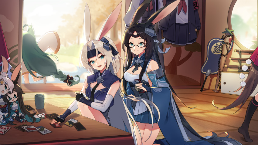 4girls akashi_(azur_lane) animal_ears armband azur_lane baseball_bat black_hair blurry blurry_background breasts brushing_hair card cat_ears character_doll commentary_request cup detached_sleeves doll glasses green_hair hair_ornament hiryuu_(azur_lane) hiryuu_(retrofit)_(azur_lane) long_hair medium_breasts multiple_girls necktie rabbit_ears remodel_(azur_lane) school_uniform sharlorc silver_hair sitting souryuu_(azur_lane) souryuu_(retrofit)_(azur_lane) table very_long_hair weapon zuikaku_(azur_lane)