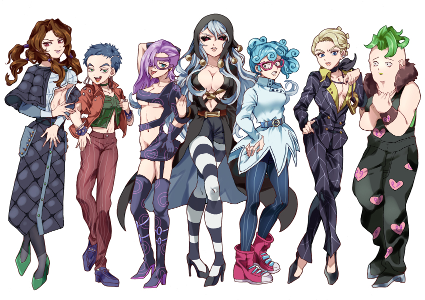 6+girls black_sclera blonde_hair blue_eyes blue_hair breasts brown_hair choker colored_sclera formaggio genderswap genderswap_(mtf) ghiaccio glasses green_eyes green_hair high_heels highres illuso jojo_no_kimyou_na_bouken lipstick looking_at_viewer makeup marukopan melone multiple_girls open_mouth pesci prosciutto purple_hair red_eyes risotto_nero tongue tongue_out vento_aureo white_hair