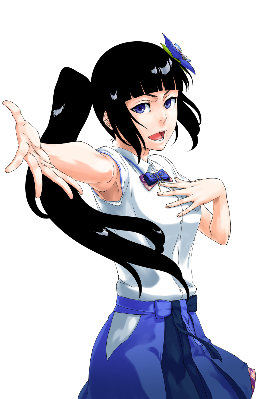 1girl 2018 :d absurdres aoi_ch. bleach bleachist blue_bow blue_bowtie blue_eyes blue_flower blue_skirt blunt_bangs bow bowtie collared_shirt commentary_request cowboy_shot dated_commentary eyebrows_hidden_by_hair eyelashes floating_hair flower fuji_aoi hair_flower hair_ornament hand_up highres kubo_tite_(style) leaf_hair_ornament long_hair looking_at_viewer lower_teeth_only mole mole_under_eye official_style open_mouth outstretched_arm outstretched_hand ponytail shirt short_sleeves sidelocks simple_background skirt smile solo teeth tsurime v-shaped_eyebrows virtual_youtuber white_background white_shirt
