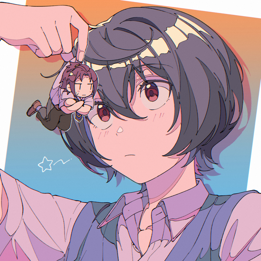 2boys arm_up border chromatic_aberration collared_shirt crossed_arms drop_shadow ensemble_stars! eye_contact gradient_background highres holding holding_mini_person isara_mao light_blush loafers looking_at_another male_focus mini_person miniboy multiple_boys niyororinpayamaru no_jacket one_eye_closed open_collar outline outside_border pants portrait raised_eyebrows red_eyes sakuma_ritsu school_uniform shirt shoes short_hair size_difference spoken_star star_(symbol) summer_uniform sweatdrop sweater_vest white_border wing_collar yumenosaki_school_uniform |_|
