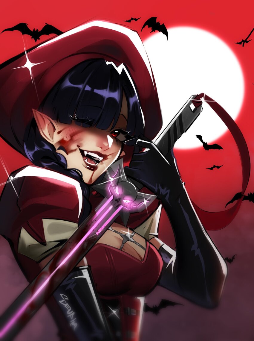 1girl bat_(animal) black_gloves black_hair blood braid breasts dress elbow_gloves gloves hair_over_one_eye hat highres large_breasts long_hair looking_at_viewer marvel marvel_rivals moon official_alternate_costume pointy_ears psylocke psylocke_(blood_kariudo) red_dress red_hat sevpha short_sleeves smile solo twin_braids vampire x-men