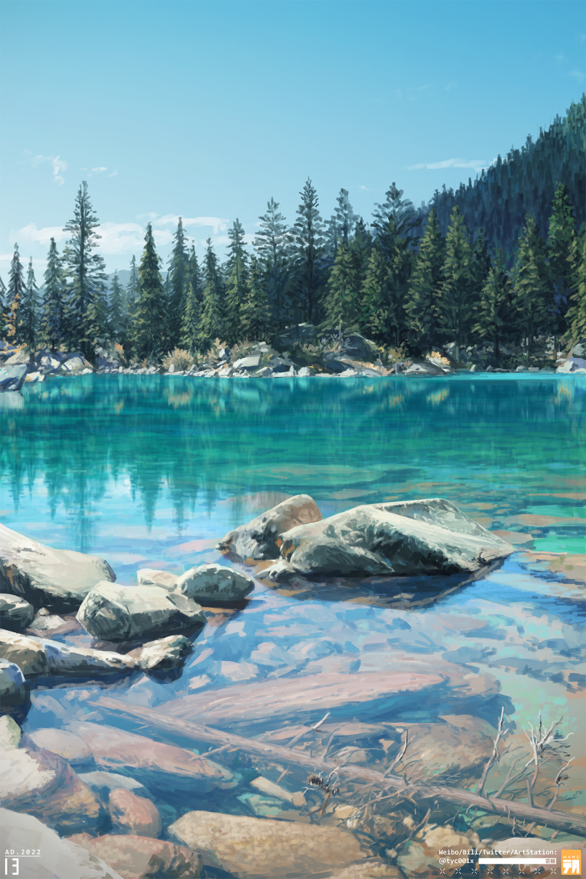 artist_logo day forest highres lake logo mangshuo nature no_humans original outdoors scenery stone tree water