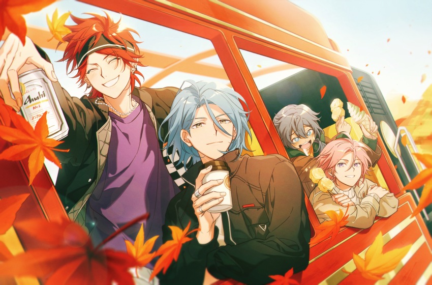 4boys ^_^ amagi_rinne arm_up asahi_breweries autumn autumn_leaves black_headband black_jacket blue_eyes blue_hair brown_jacket can closed_eyes closed_mouth commentary_request crazy_b_(ensemble_stars!) cup day disposable_coffee_cup disposable_cup drooling earrings ensemble_stars! fingernails food green_hoodie grey_hair grin hair_between_eyes hair_over_shoulder headband highres himeru_(ensemble_stars!) holding holding_can holding_cup holding_food hood hood_down hoodie ice_cream ice_cream_cone jacket jewelry lapels leaf long_hair long_sleeves looking_at_viewer male_focus maple_leaf mochiko_(zy) multiple_boys multiple_rings necklace open_clothes open_jacket open_mouth oukawa_kohaku outdoors outstretched_arm parted_bangs pink_hair ponytail purple_eyes purple_shirt raised_eyebrows red_hair ring shiina_niki shirt short_hair smile sweater teeth train turtleneck turtleneck_sweater white_sweater yellow_eyes