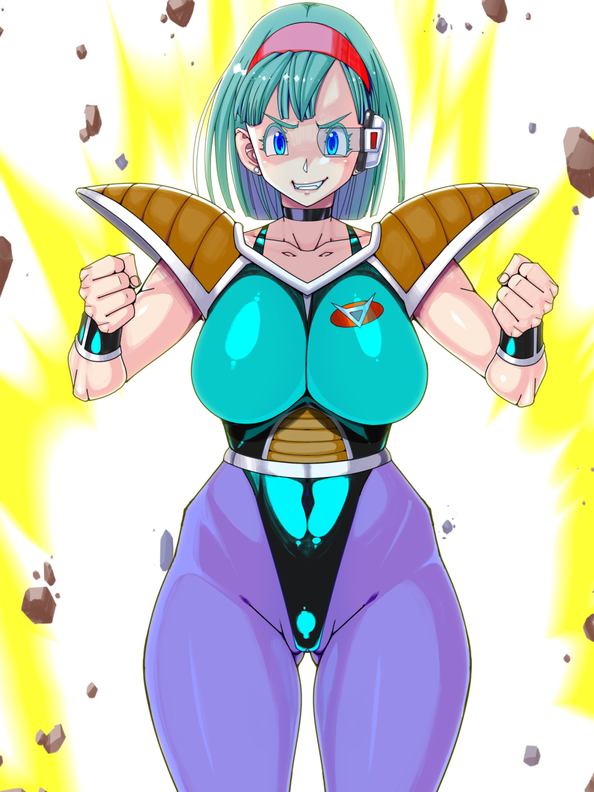 1girl armor artist_request aura blue-tinted_eyewear blue_eyes blue_hair body_switch boots breasts bulma cameltoe captain_ginyu choker cleavage collarbone curvy dragon_ball dragonball_z earrings evil_grin evil_smile female_focus ginyu_force grey_background grin hairband highleg highleg_leotard highres jewelry kinokoallstars large_breasts leotard looking_at_viewer muscular muscular_female personality_switch power-up powering_up purple_legwear scouter sharp_teeth short_hair sleeveless smile solo tagme teeth thighs tinted_eyewear toned white_background