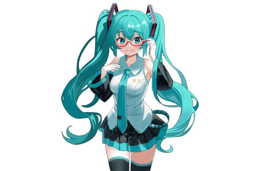 1girl adjusting_eyewear armpits bare_shoulders belt black_hair black_skirt black_thighhighs blue_belt blue_eyes blue_hair blue_nails blue_necktie blush collarbone collared_shirt commentary detached_sleeves fingernails glasses hand_up hashtag-only_commentary hatsune_miku highres kkyungkki long_hair looking_at_viewer necktie pleated_skirt shirt simple_background skirt smile solo thighhighs transparent_background twintails very_long_hair vocaloid white_shirt wing_collar zettai_ryouiki