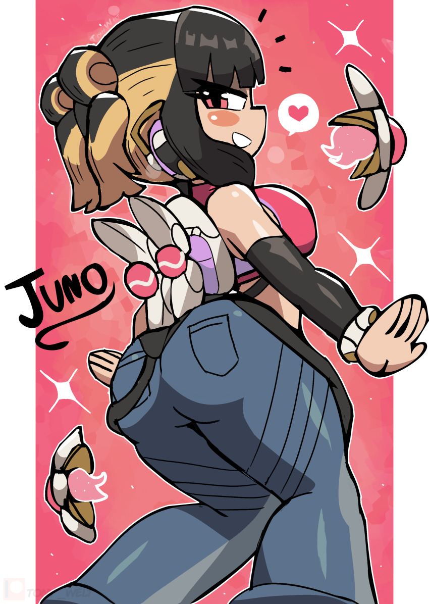 1girl absurdres ass black_hair blizzard_(company) blonde_hair blue_pants blush bracelet breasts denim double_bun from_behind grin hair_bun headset heart highres jeans jetpack jewelry juno_(overwatch) large_breasts looking_at_viewer looking_back midriff multicolored_hair overwatch overwatch_2 pants red_background red_eyes red_shirt robot shirt short_hair sleeveless sleeveless_shirt smile sparkle speech_bubble spoken_heart standing teeth thick_thighs thighs tony_welt twintails two-tone_hair wide_hips