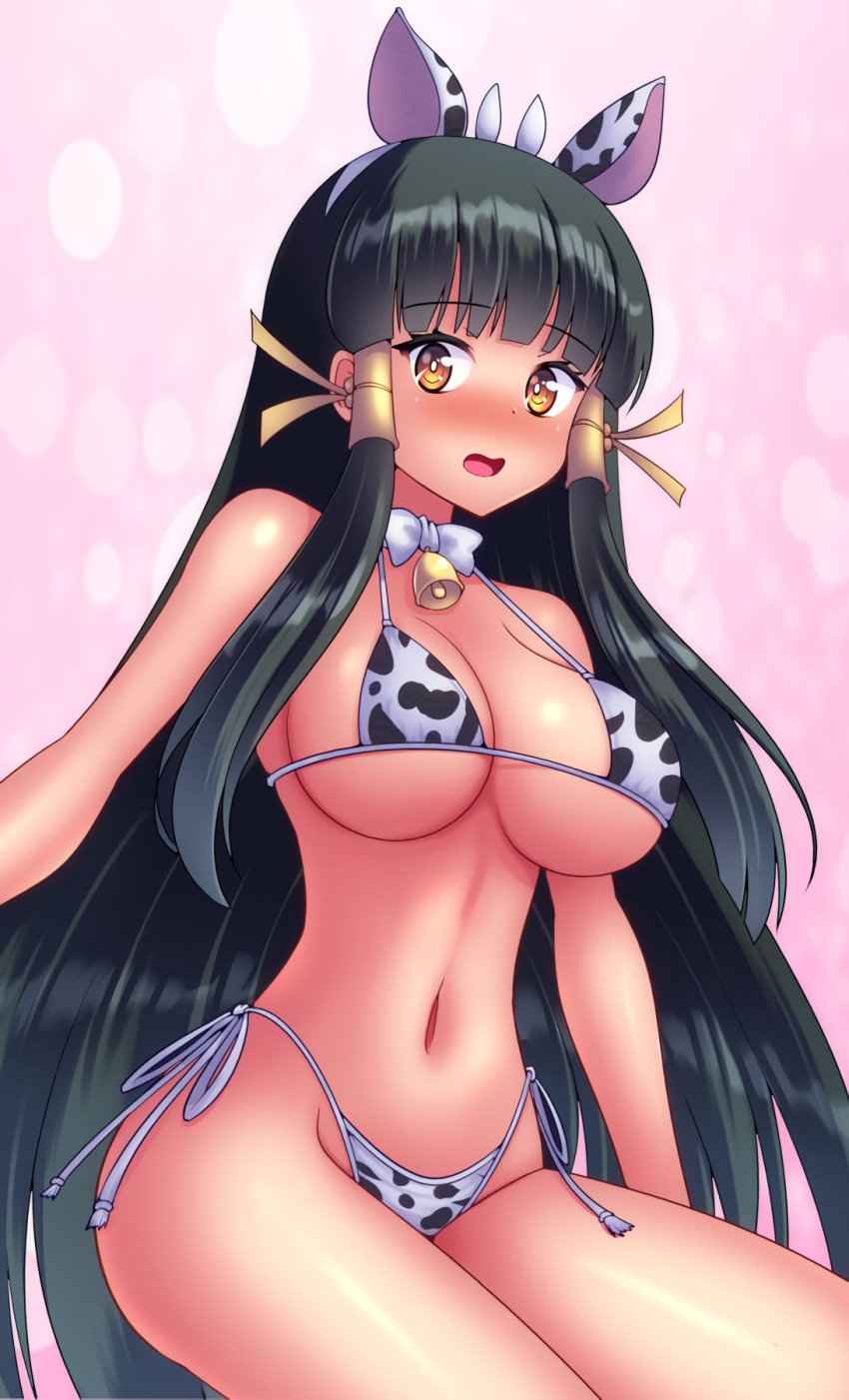 1girl animal_ears animal_print arcana_heart bikini black_hair blush breasts cleavage cow_ears cow_print cow_print_bikini highres kasabou kasuga_maori large_breasts legs long_hair looking_at_viewer navel open_mouth print_bikini side-tie_bikini_bottom sitting solo swimsuit thighs underboob very_long_hair yellow_eyes