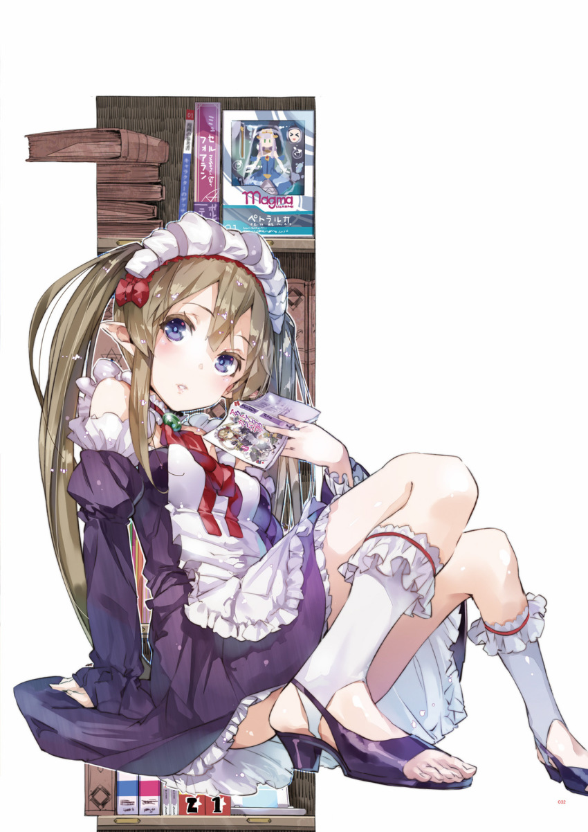 1girl apron blush breasts brown_hair choker closed_mouth collarbone detached_sleeves dress elf female_focus frilled_apron frilled_choker frilled_sleeves frilled_socks frills full_body hair_between_eyes highres kneehighs long_hair looking_at_viewer maid maid_headdress medium_breasts myucel_foalan one_eye_closed open-toe_shoes outbreak_company pointy_ears purple_dress purple_eyes purple_shoes ribbon shoes sitting sleeveless sleeveless_dress smile socks solo spread_legs standing twintails very_long_hair white_choker white_socks yuugen