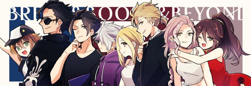 alfyn_(octopath_traveler) aononchi blonde_hair blue_eyes blush braid braided_ponytail cyrus_(octopath_traveler) dress h&#039;aanit_(octopath_traveler) hair_ornament hat highres hug jacket jewelry long_hair looking_at_viewer necklace octopath_traveler octopath_traveler_i olberic_eisenberg one_eye_closed ophilia_(octopath_traveler) primrose_azelhart shirt short_hair simple_background single_braid smile therion_(octopath_traveler) tressa_(octopath_traveler) white_hair yellow_eyes