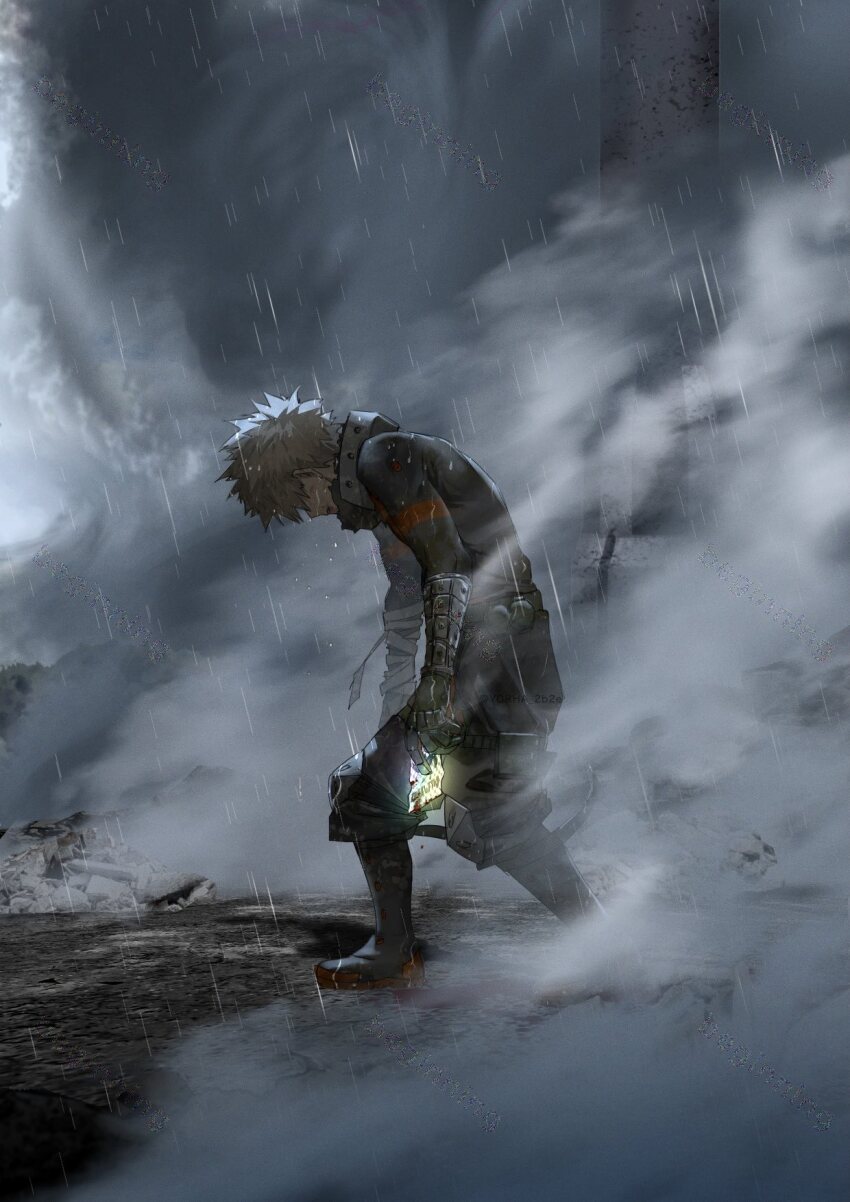 1boy bakugou_katsuki bandages blonde_hair boku_no_hero_academia boots card commentary covered_eyes debris english_commentary from_side gloves highres holding holding_card hunched_over long_sleeves male_focus rain short_hair smoke solo standing yorha_2b2e