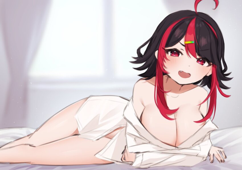 1girl ahoge black_hair black_nails breasts collared_shirt commentary english_commentary fang gx_aura hair_ornament hairclip highres inami_yoki_(artist) large_breasts long_hair lying multicolored_hair naked_shirt open_mouth opera_gx pink_eyes red_hair shirt smile solo streaked_hair virtual_youtuber white_shirt