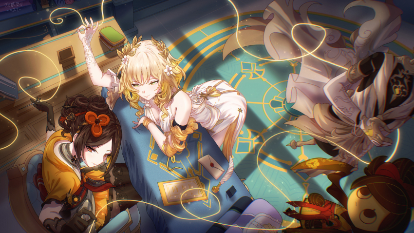2girls absurdres aglaea_(honkai:_star_rail) arm_rest arm_up bare_shoulders bent_over black_gloves black_pantyhose black_thighhighs blonde_hair breast_rest breasts brown_hair chair chiori_(genshin_impact) cleavage closed_mouth commentary crossover dress drill_hair drill_ponytail english_commentary envelope flower from_above garmentmaker_(honkai:_star_rail) genshin_impact geo_symbol_(genshin_impact) gloves green_eyes grey_kimono hair_flower hair_ornament haori highres holding_sewing_needle honkai:_star_rail honkai_(series) indoors japanese_clothes jewelry junebuart kimono looking_at_viewer making-of_available medium_breasts mihoyo multicolored_hair multiple_girls multiple_rings nail_polish needle obi on_chair pantyhose ring sash sewing_needle short_hair short_kimono sitting smile streaked_hair tamoto_(genshin_impact) thighhighs thighhighs_over_pantyhose thread trait_connection vision_(genshin_impact) white_dress window_shadow yellow_eyes yellow_nails