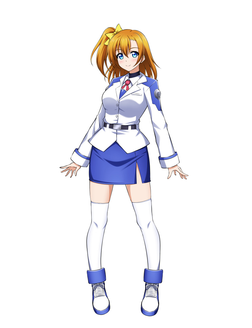 1girl absurdres belt black_belt blue_eyes bow commission cosplay full_body hair_bow highres kosaka_honoka love_live! love_live!_school_idol_project lyrical_nanoha mahou_shoujo_lyrical_nanoha_strikers military_uniform orange_hair oshimaru026 pencil_skirt pixiv_commission shoes short_hair skirt takamachi_nanoha takamachi_nanoha_(cosplay) thighhighs tsab_air_military_uniform white_thighhighs zettai_ryouiki