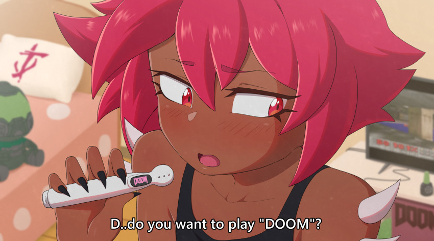 1girl absurdres bed bed_sheet blush character_doll collarbone commentary copyright_name cosmetics dark_skin demon_girl doll doom_(series) doom_i doomguy english_text fingernails hdoom highres holding holding_pregnancy_test imp_(doom) imp_tan indoors it_runs_doom_(meme) jona_kazuo long_fingernails looking_to_the_side meme monitor nail_polish nail_polish_bottle no_nose open_mouth pillow pregnancy_test red_eyes red_hair sharp_fingernails short_hair shoulder_spikes shy solo spikes tank_top upper_body