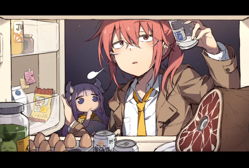 2girls alcohol beer blue_eyes blunt_bangs coat dragon_girl dragon_horns egg egg_carton food highres horns in_container in_refrigerator indoors kanna_kamui kobayashi-san_chi_no_maidragon kobayashi_(maidragon) letterboxed light_purple_hair meat multiple_girls necktie night oyo_hitsuji pink_hair ponytail refrigerator refrigerator_interior shirt sidelocks slice_of_life standing white_shirt