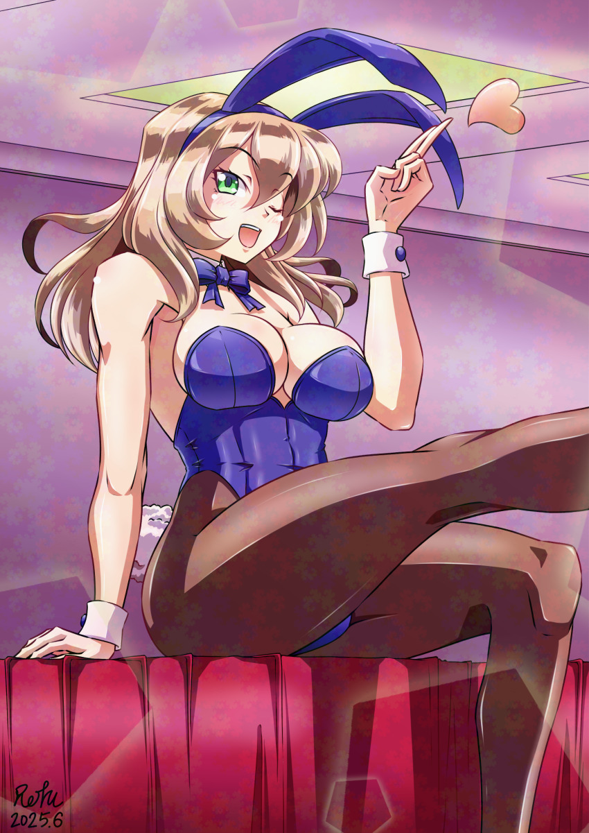 1girl animal_ear_hairband animal_ears blue_bow blue_bowtie blue_leotard bow bowtie breasts brown_hair brown_pantyhose commentary_request commission detached_collar fake_animal_ears feet_out_of_frame green_eyes hairband heart highres large_breasts lens_flare leotard long_hair one_eye_closed original pantyhose playboy_bunny rabbit_ears rabbit_tail rofu_get sitting skeb_commission solo strapless strapless_leotard tail wrist_cuffs
