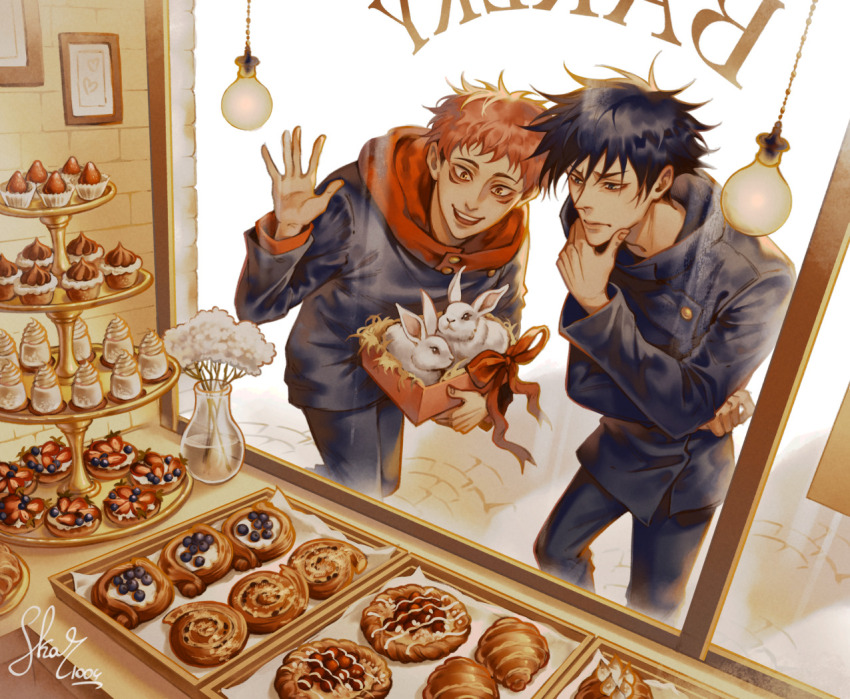 2boys bakery black_hair commentary concentrating cupcake facial_mark food fruit fushiguro_megumi high_collar holding hood hoodie itadori_yuuji jujutsu_kaisen jujutsu_tech_uniform multiple_boys pastry rabbit red_hoodie shop short_hair skar_1004 smile strawberry